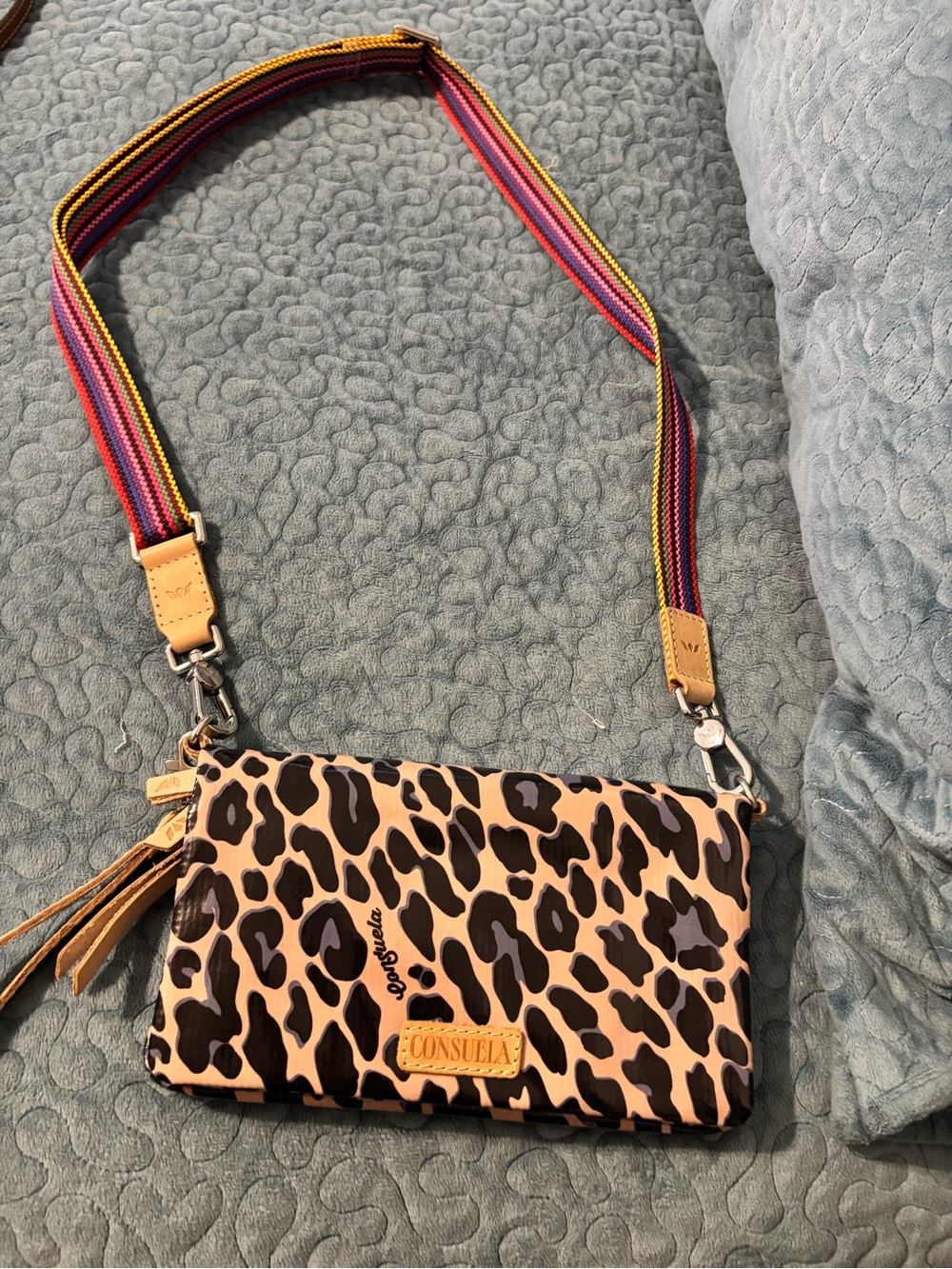 Consuela Leopard Crossbody with Multicolor Stripe Strap - Tan/Black